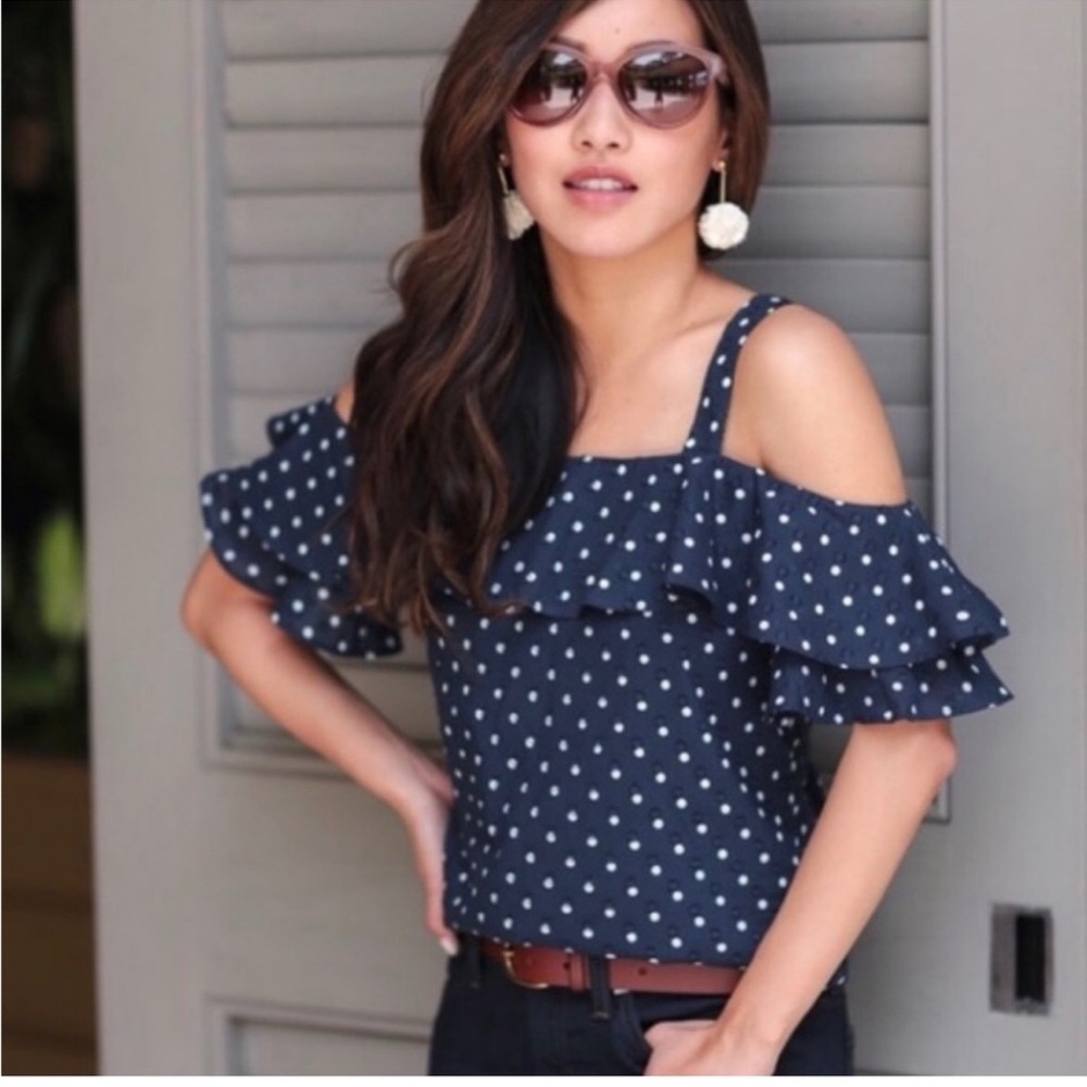 J. Crew Navy Polka Dot Ruffle Blouse